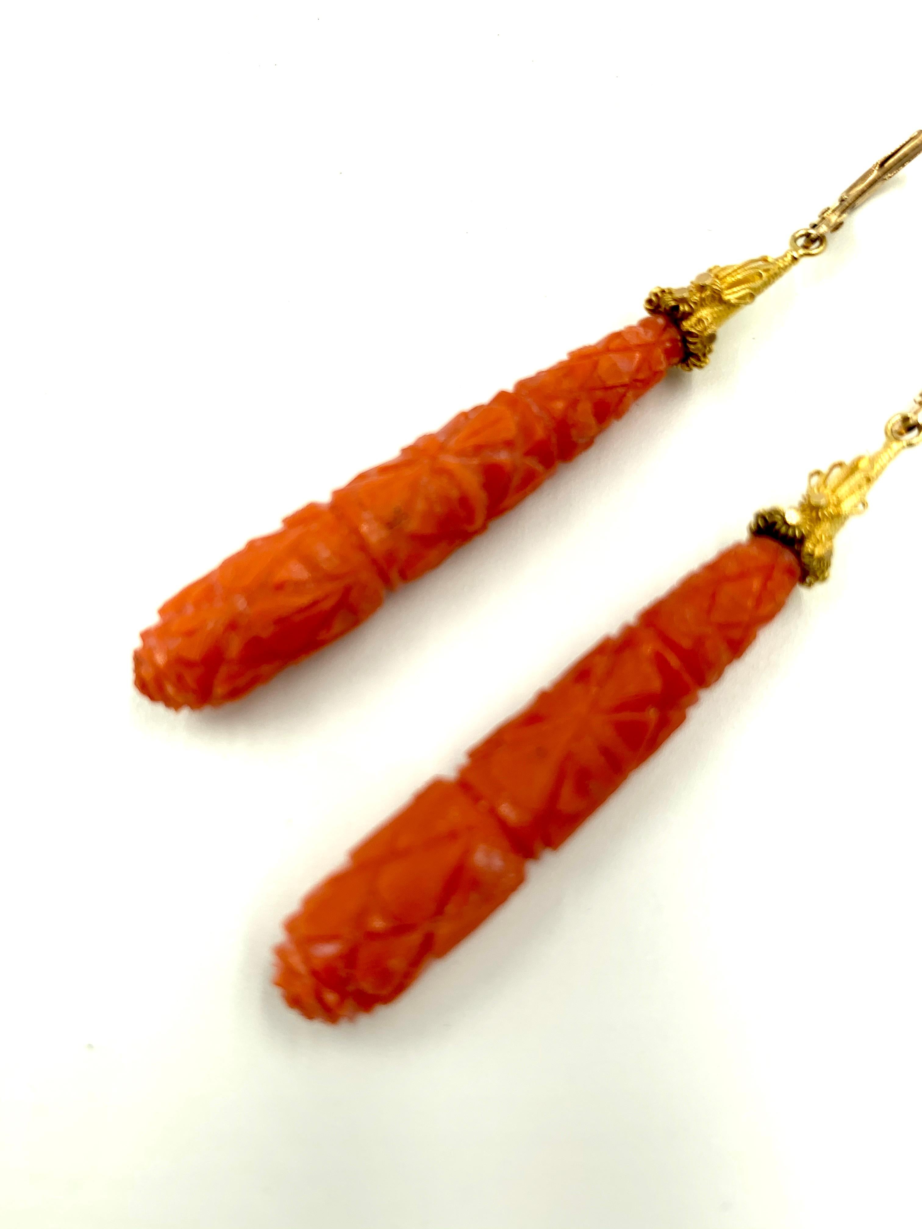 Mixed Cut Antique Etruscan Revival Carved Red Coral 18K Yellow Gold Earrings, circa 1870 For Sale