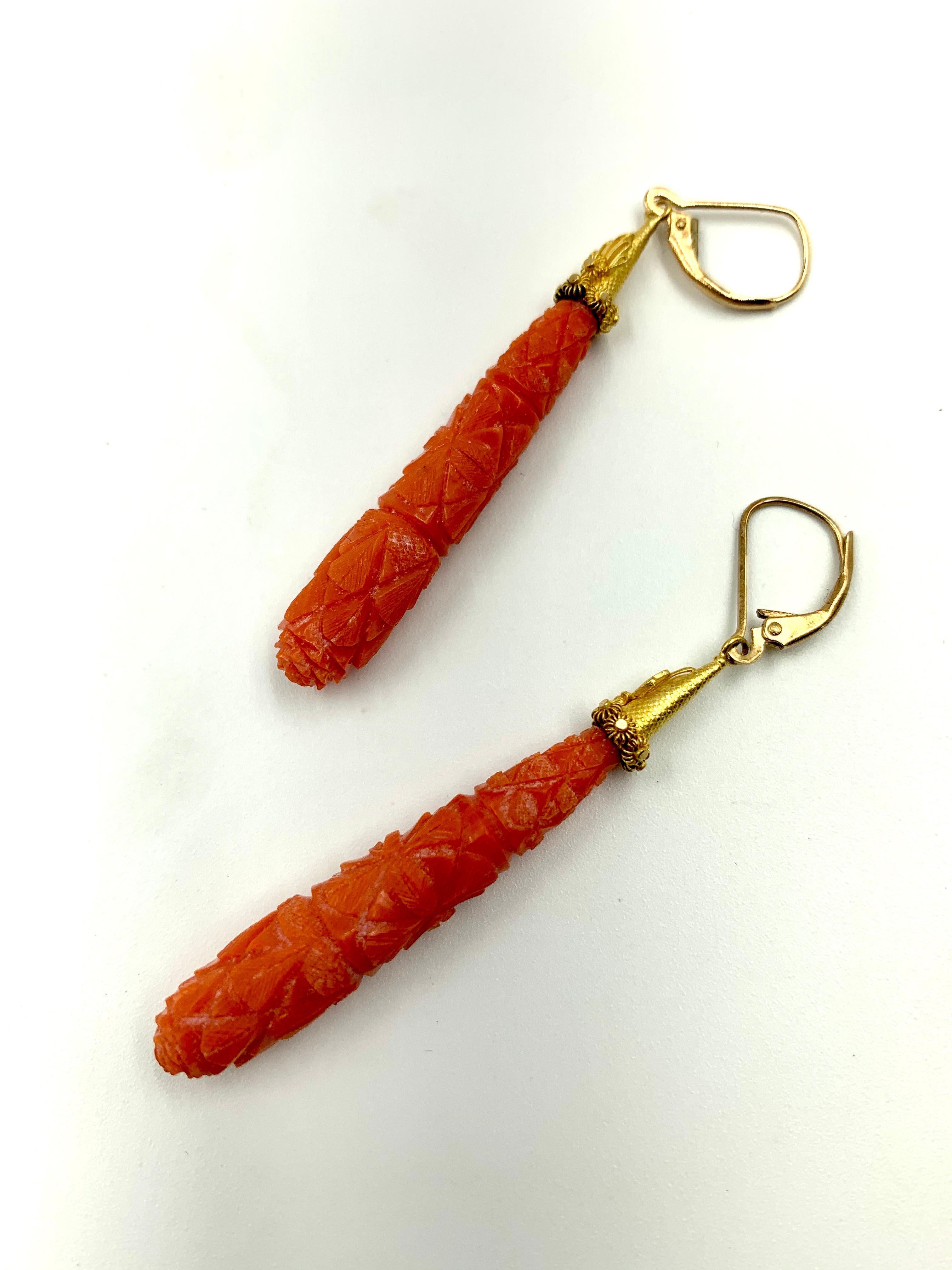 Women's Antique Etruscan Revival Carved Red Coral 18K Yellow Gold Earrings, circa 1870 For Sale