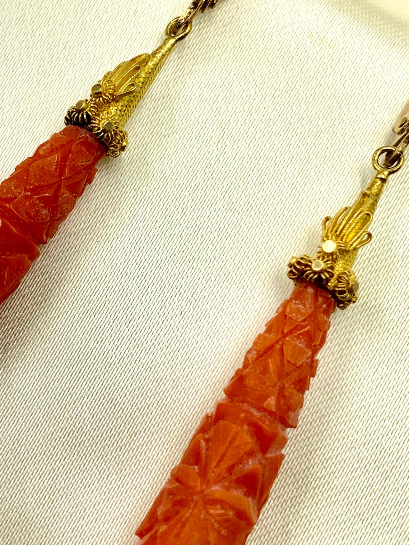 Antique Etruscan Revival Carved Red Coral 18K Yellow Gold Earrings, circa 1870 For Sale 1