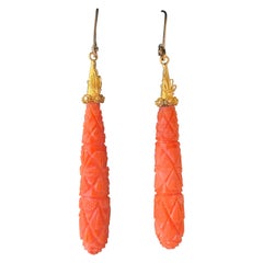 Antique Etruscan Revival Carved Red Coral 18K Yellow Gold Earrings, circa 1870