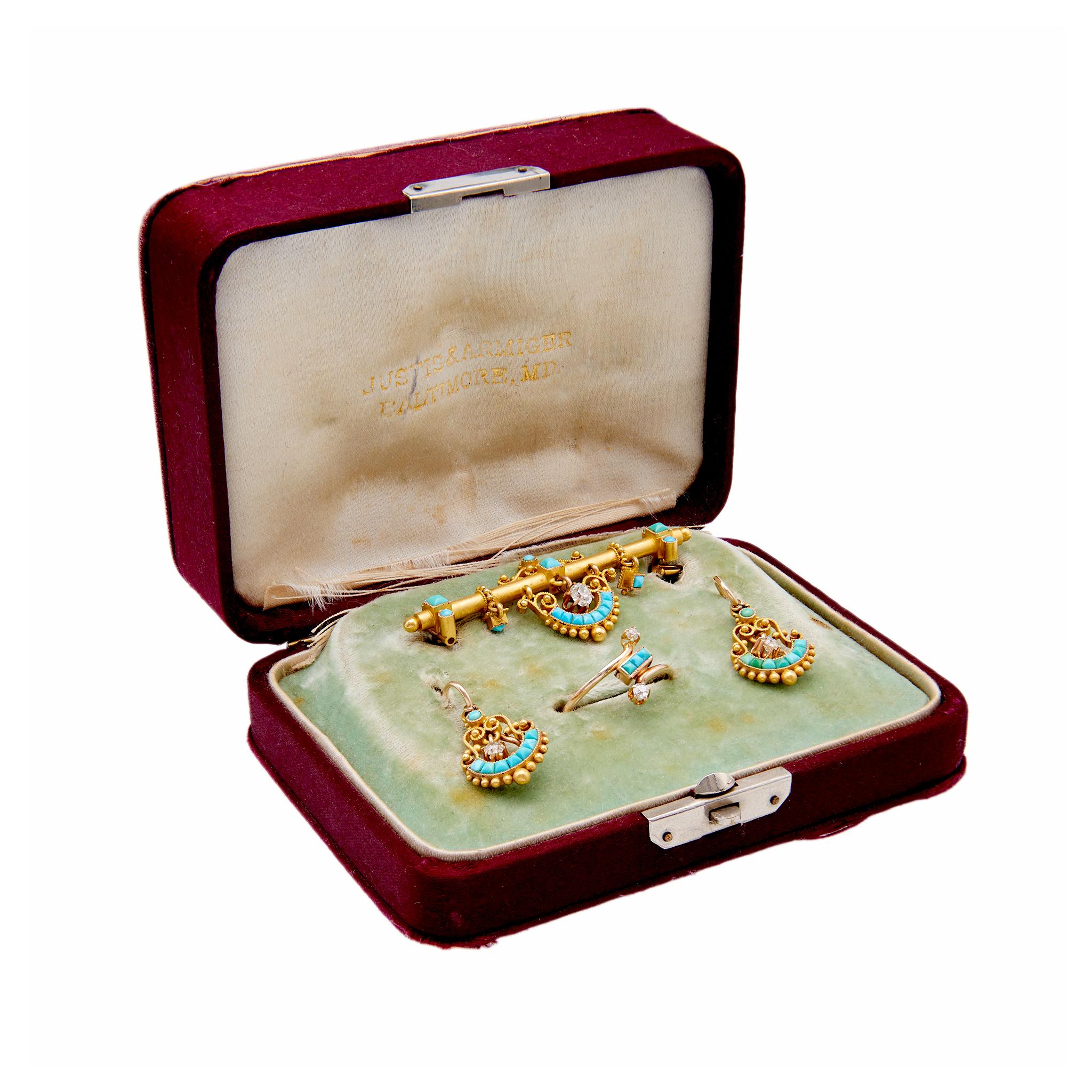 Women's or Men's Antique Etruscan Revival Diamond and Turquoise Yellow Gold Demi Parure Set For Sale