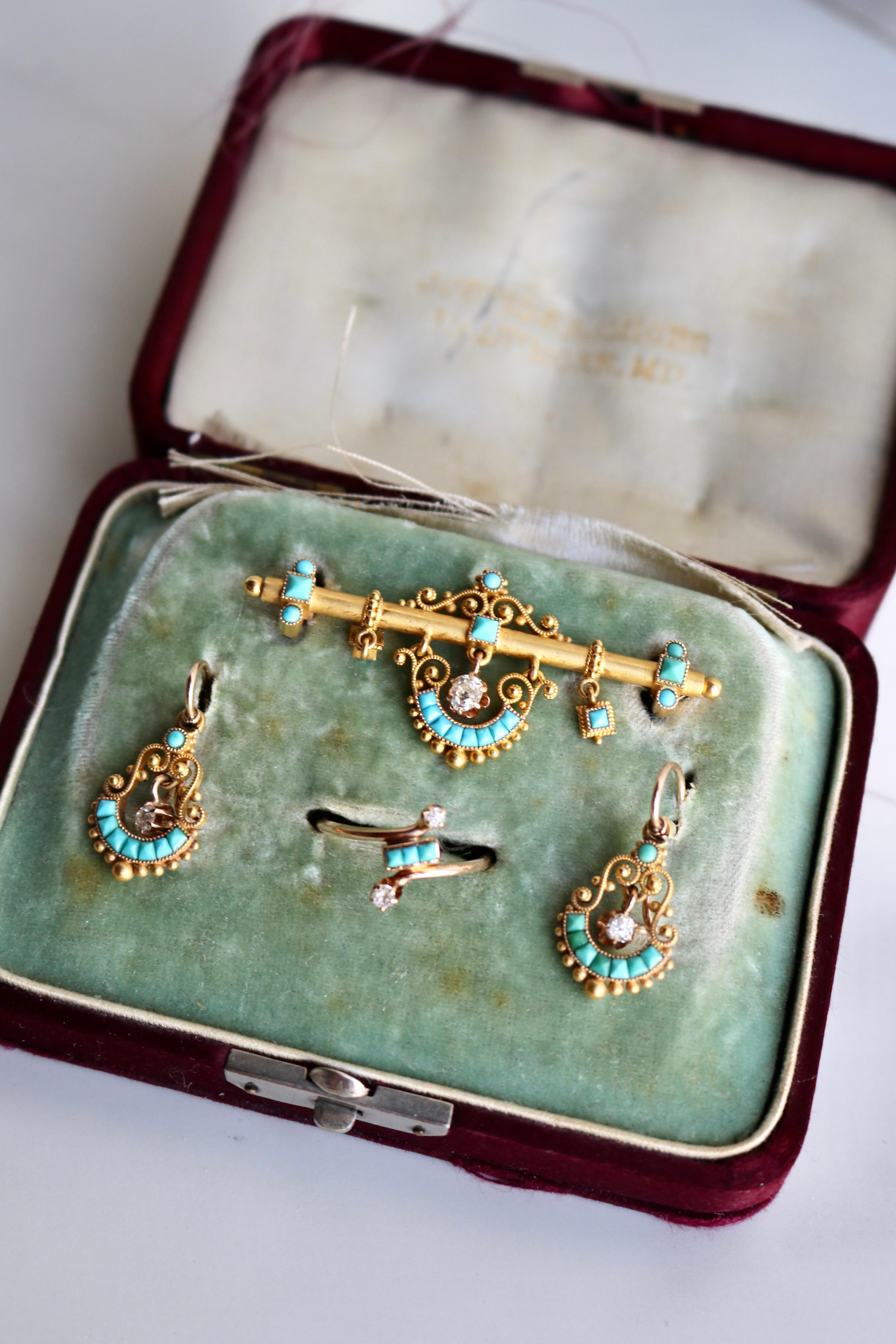 Antique Etruscan Revival Diamond and Turquoise Yellow Gold Demi Parure Set For Sale 1