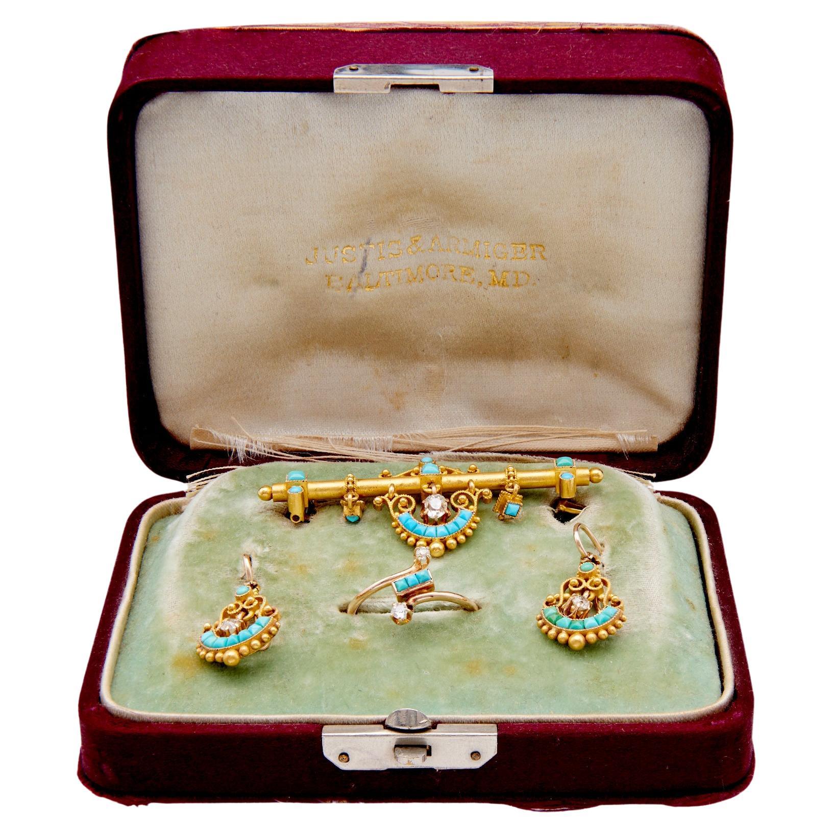 Antique Etruscan Revival Diamond and Turquoise Yellow Gold Demi Parure Set For Sale
