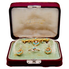 Antikes Demi-Parure-Set aus Gelbgold mit Diamanten und Türkis im etruskischen Revival-Stil
