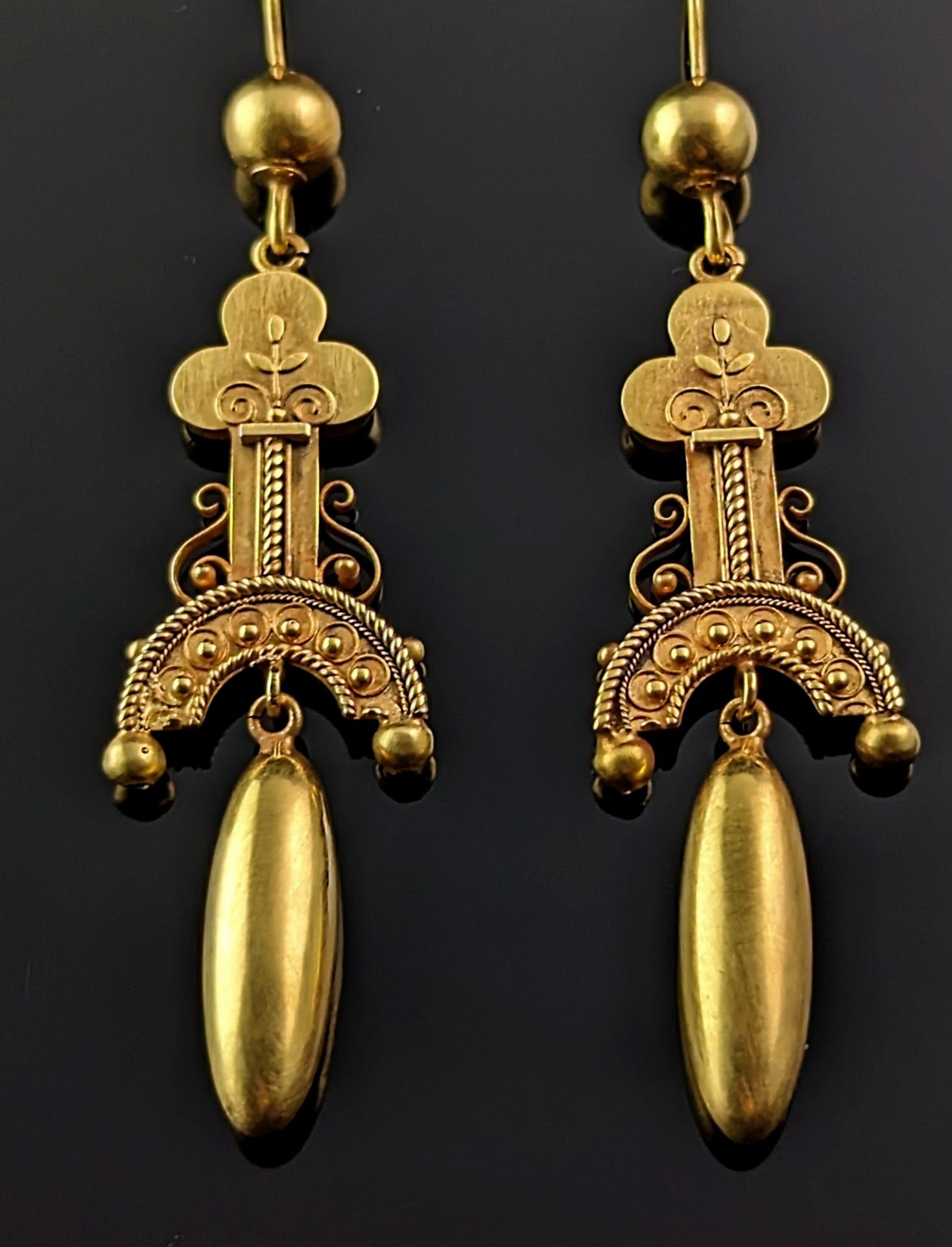 Women's Antique Etruscan revival earrings, 15k yellow gold  For Sale