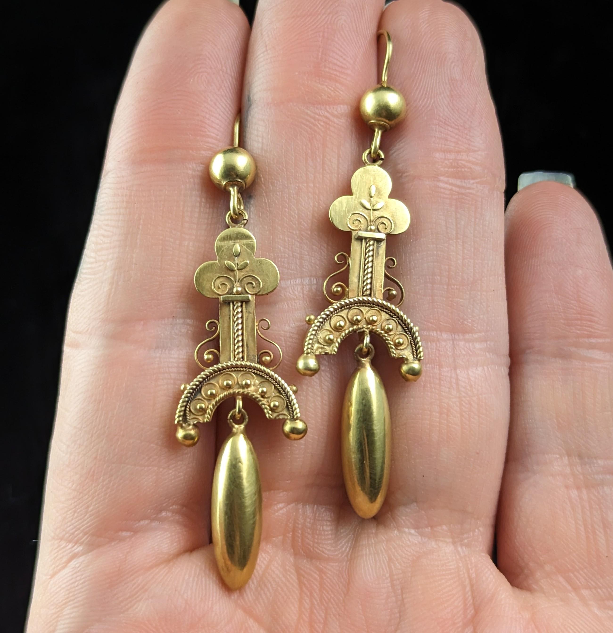 Antique Etruscan revival earrings, 15k yellow gold  For Sale 3