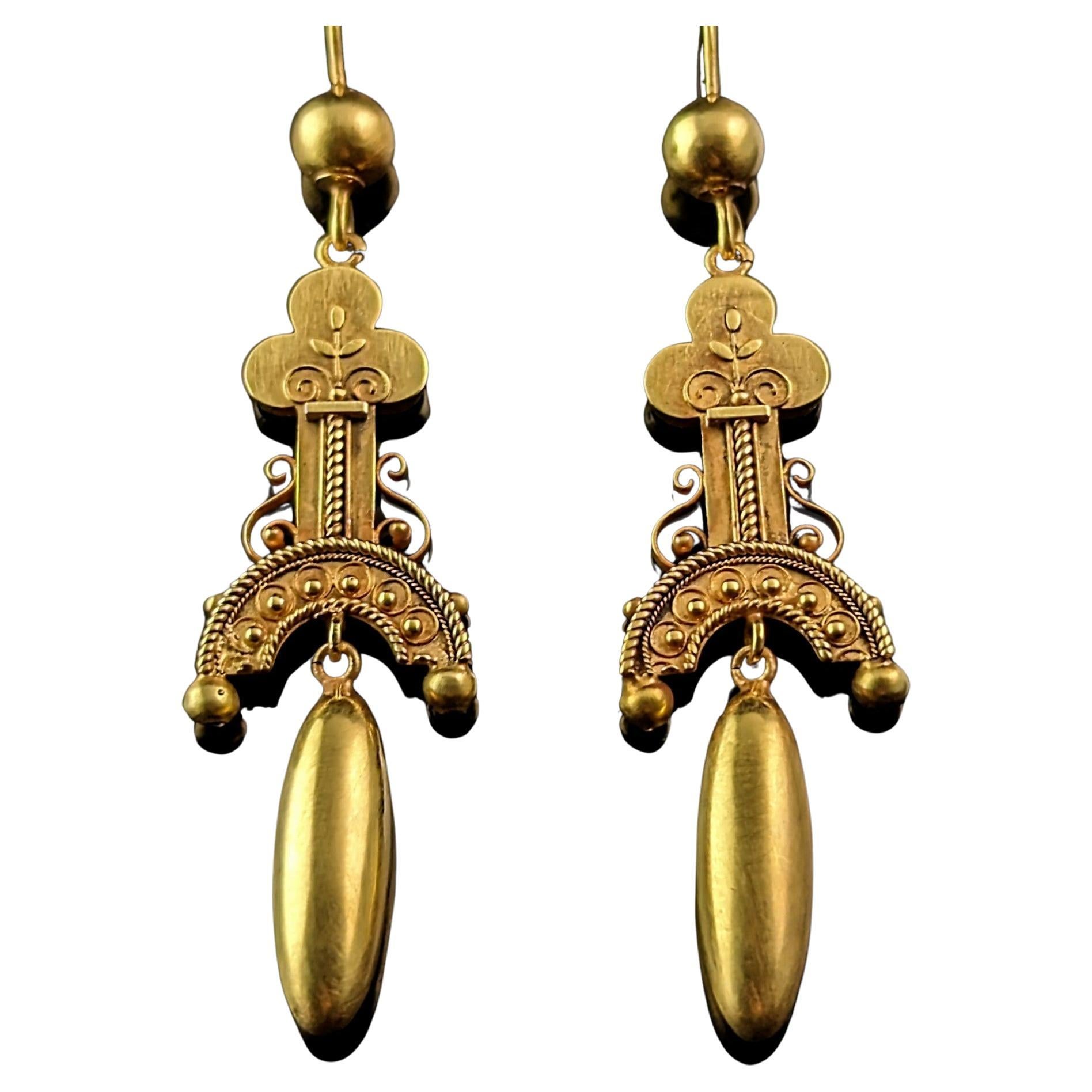 Antique Etruscan revival earrings, 15k yellow gold  For Sale