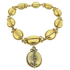 Antique Etruscan Revival Emerald and Diamond Locket Bracelet