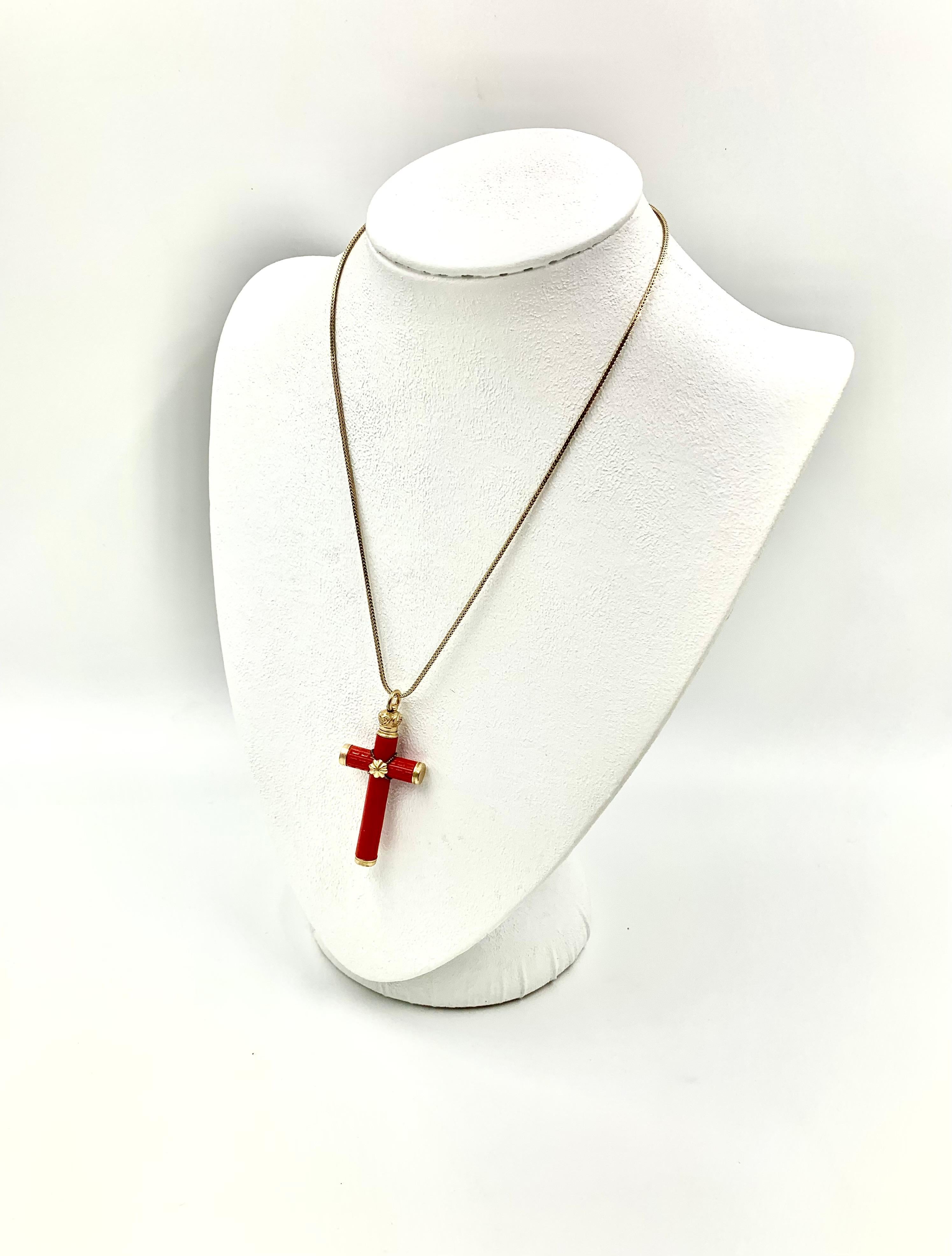 Antique Etruscan Revival Engraved Precious Red Coral 18K Yellow Gold Cross For Sale 5