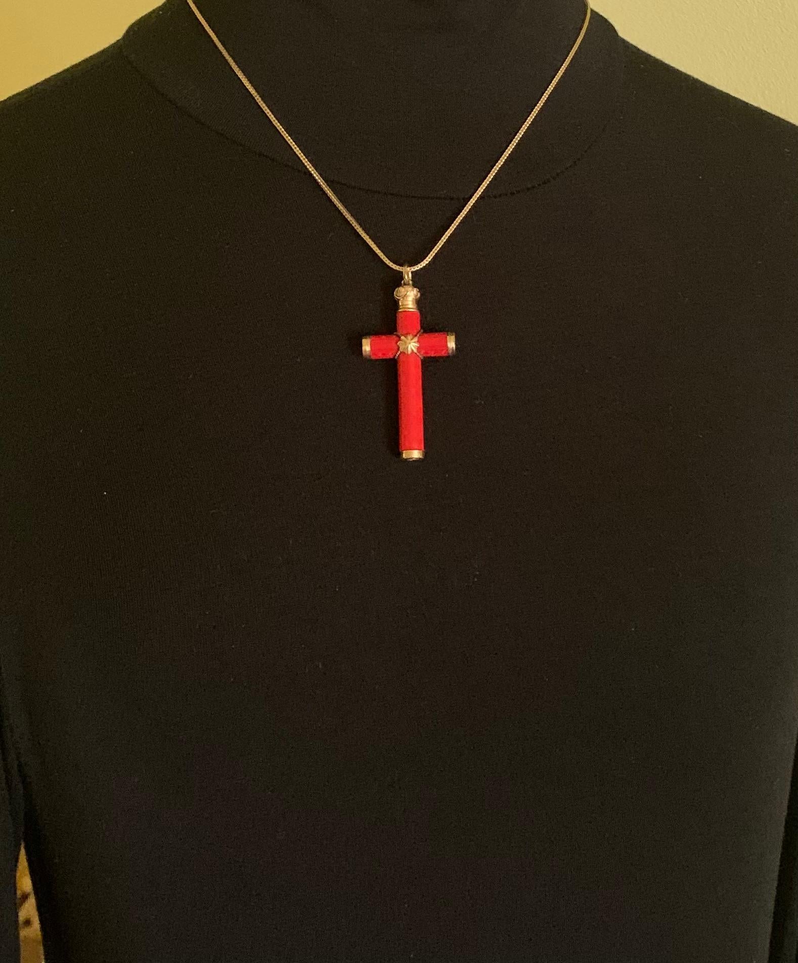 Antique Etruscan Revival Engraved Precious Red Coral 18K Yellow Gold Cross For Sale 6