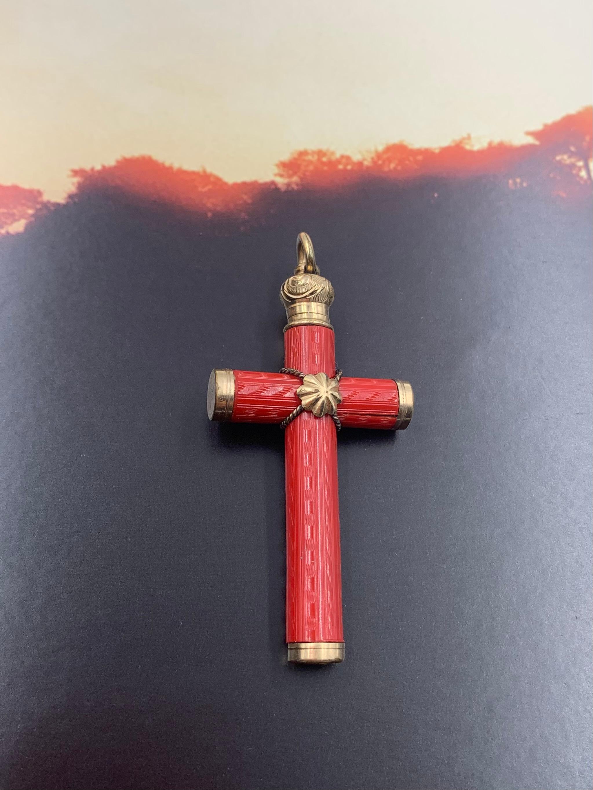 Antique Etruscan Revival Engraved Precious Red Coral 18K Yellow Gold Cross For Sale 7