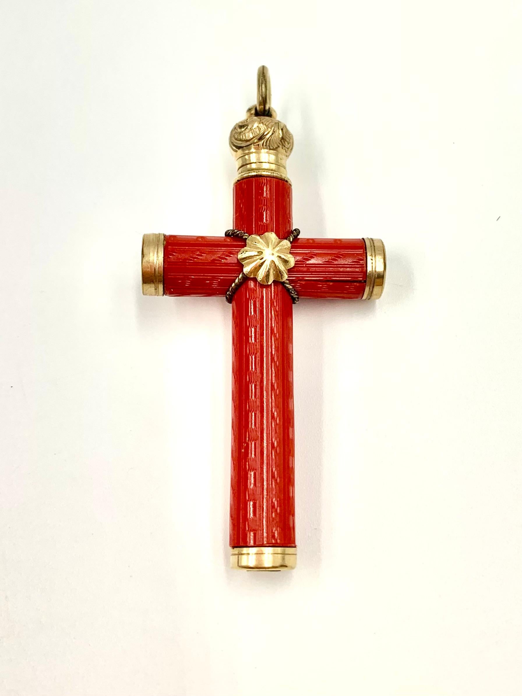 Women's or Men's Antique Etruscan Revival Engraved Precious Red Coral 18K Yellow Gold Cross For Sale