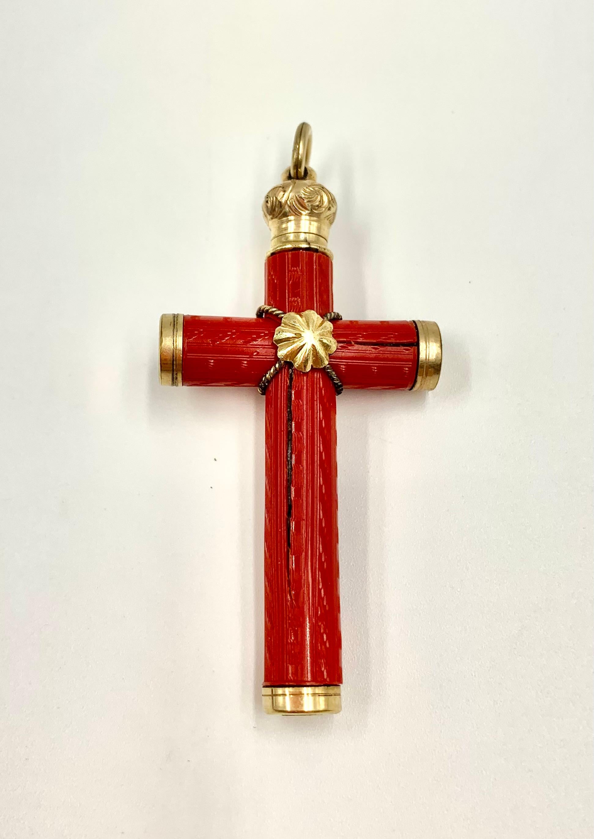 Antique Etruscan Revival Engraved Precious Red Coral 18K Yellow Gold Cross For Sale 1