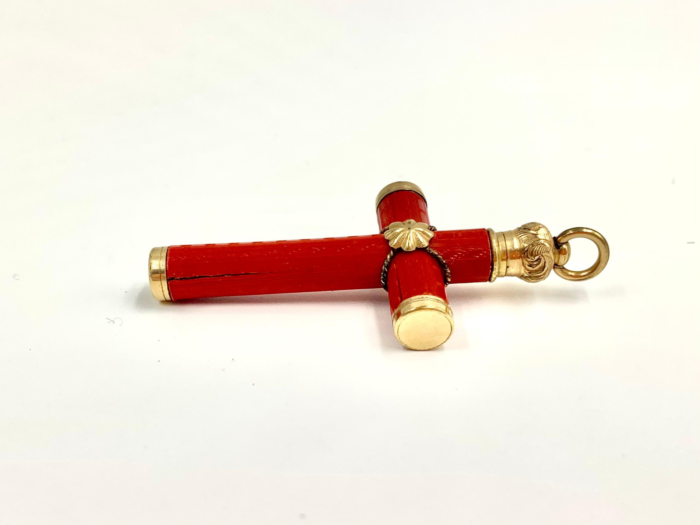 Antique Etruscan Revival Engraved Precious Red Coral 18K Yellow Gold Cross For Sale 2