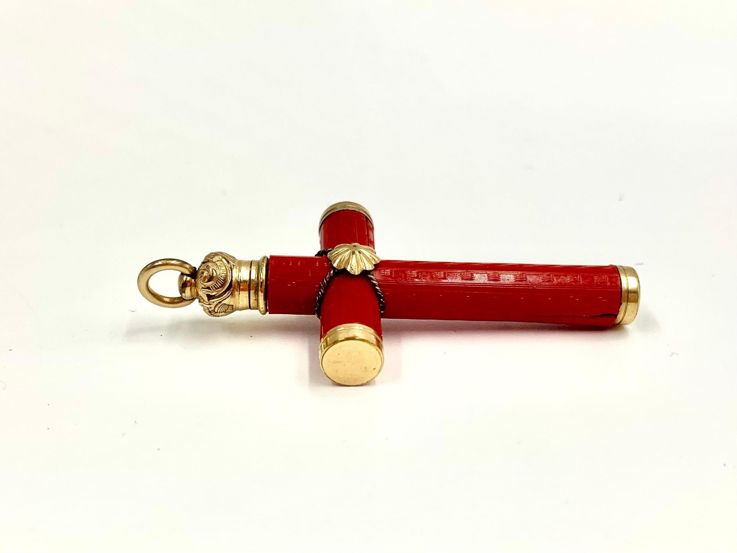 Antique Etruscan Revival Engraved Precious Red Coral 18K Yellow Gold Cross For Sale 3