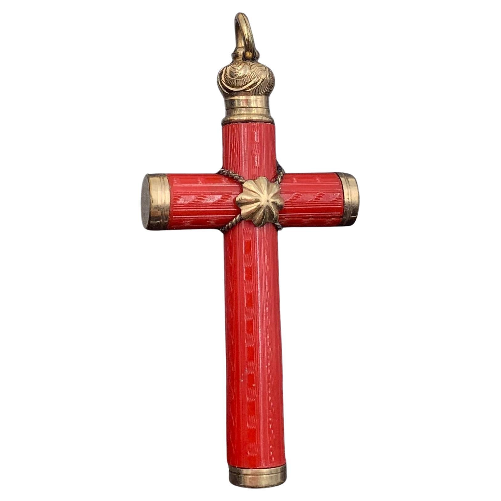Antique Etruscan Revival Engraved Precious Red Coral 18K Yellow Gold Cross