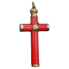 Antique Etruscan Revival Engraved Precious Red Coral 18K Yellow Gold Cross