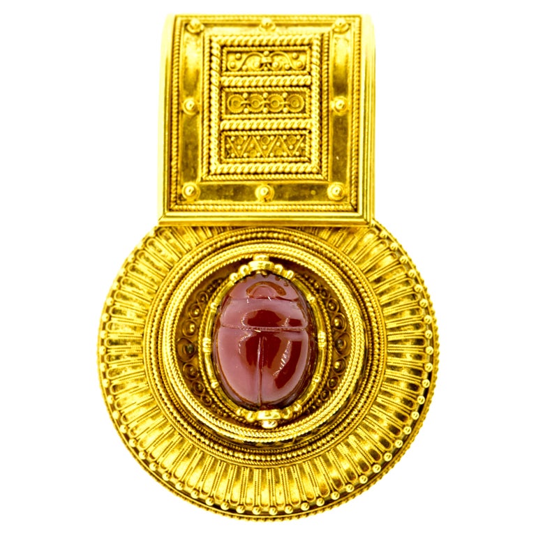 Antique pendant in the style of Etruscan Revival by Ernesto Pierret.  This brooch displays fine bead work as only a master could achieve.  Ernesto Pierret, A Frenchman workinng in Italy, was a contemporary of Castellani and  one of the finest