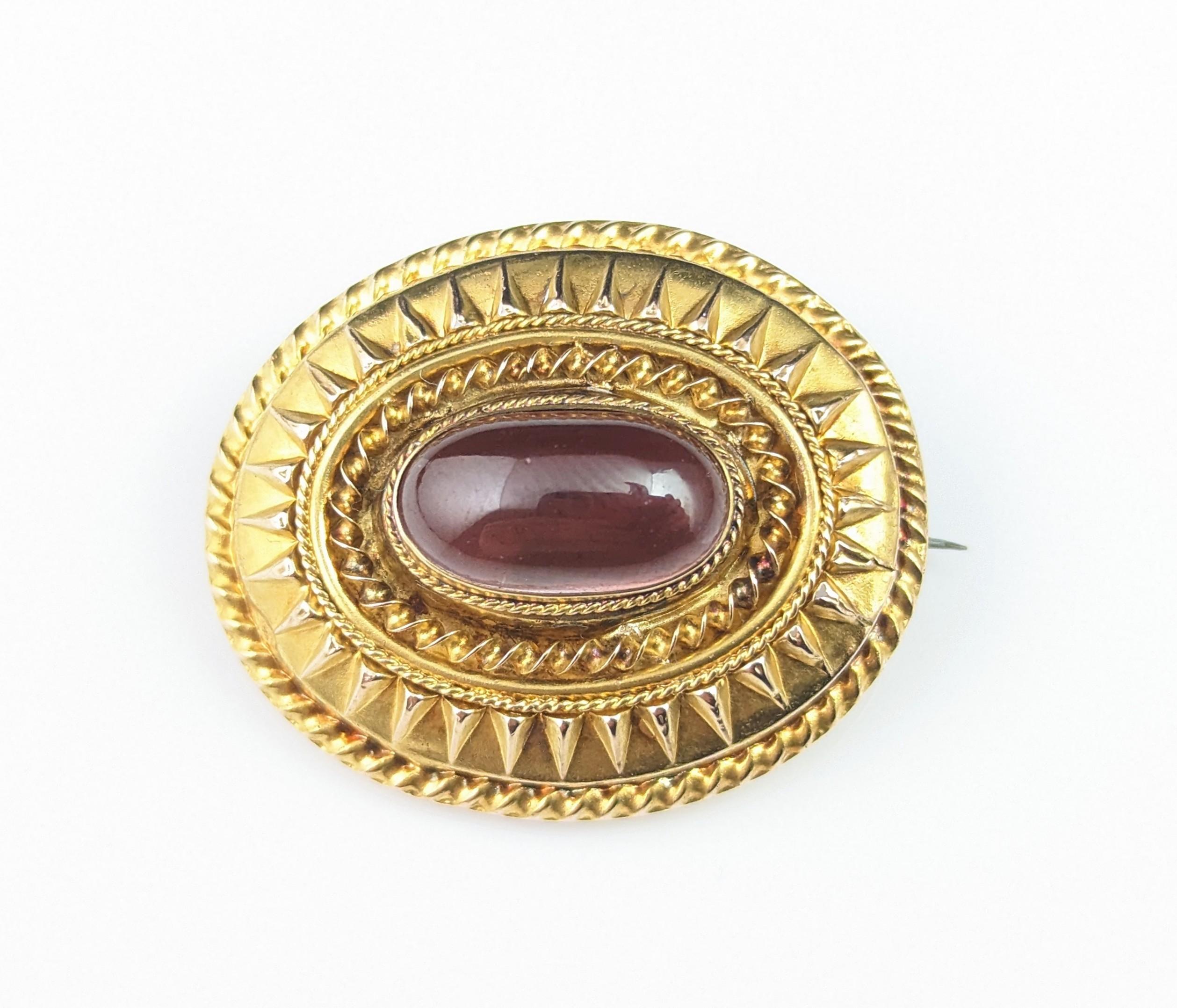 Antique Etruscan Revival Garnet Cabochon Brooch, 9k Gold 8