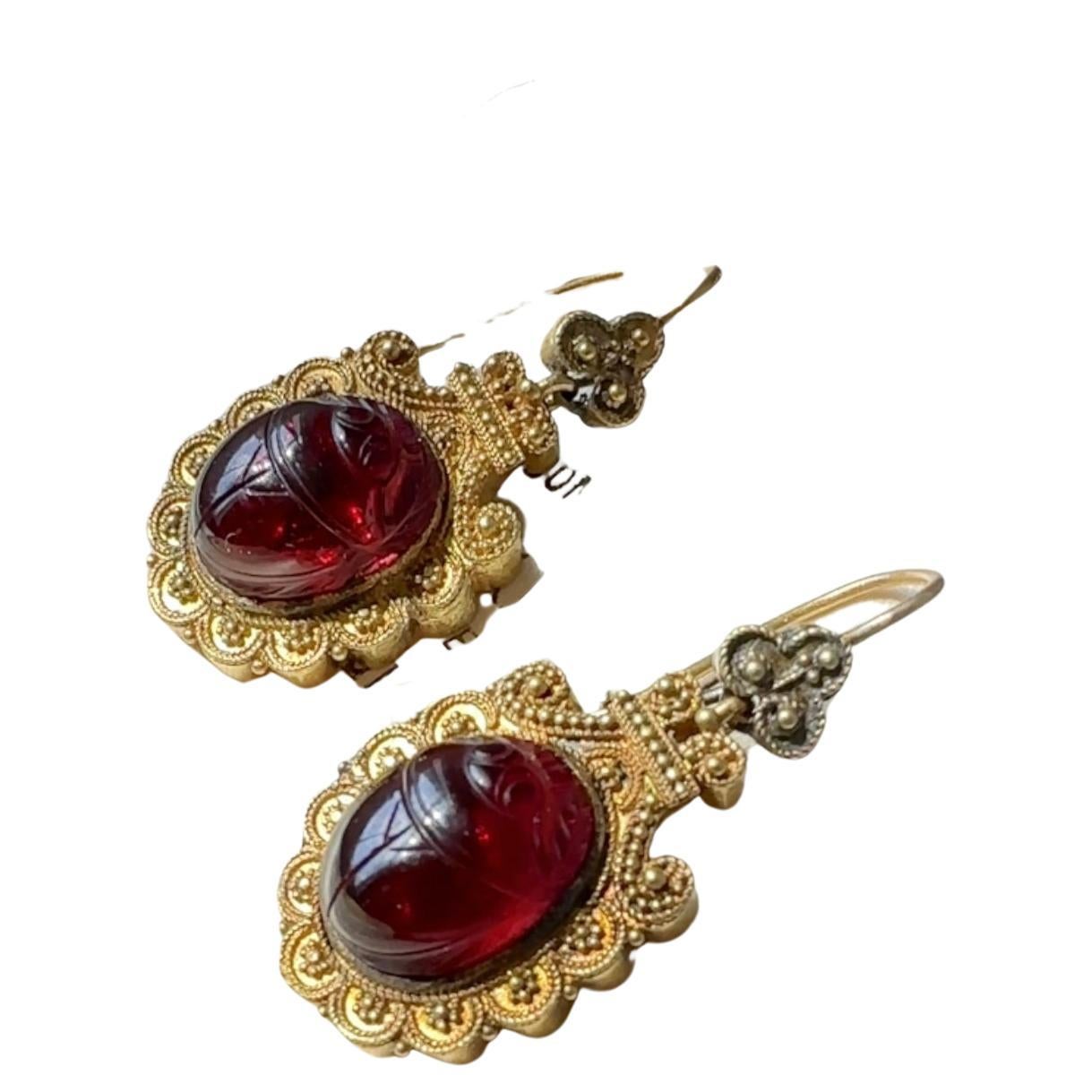 Antique Etruscan Revival Garnet Scarab Earrings