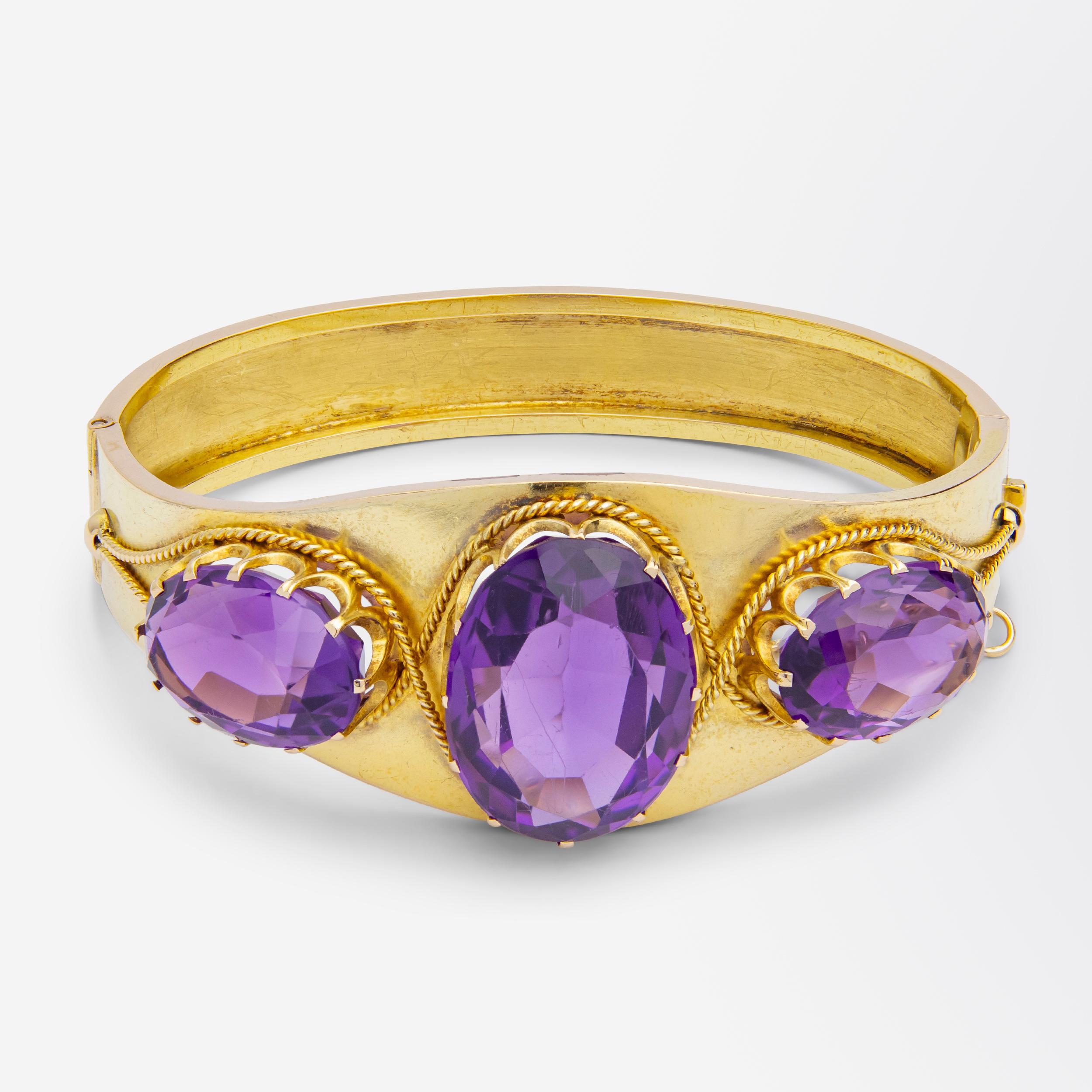 Oval Cut Antique Etruscan Revival Gold & Amethyst Bangle For Sale