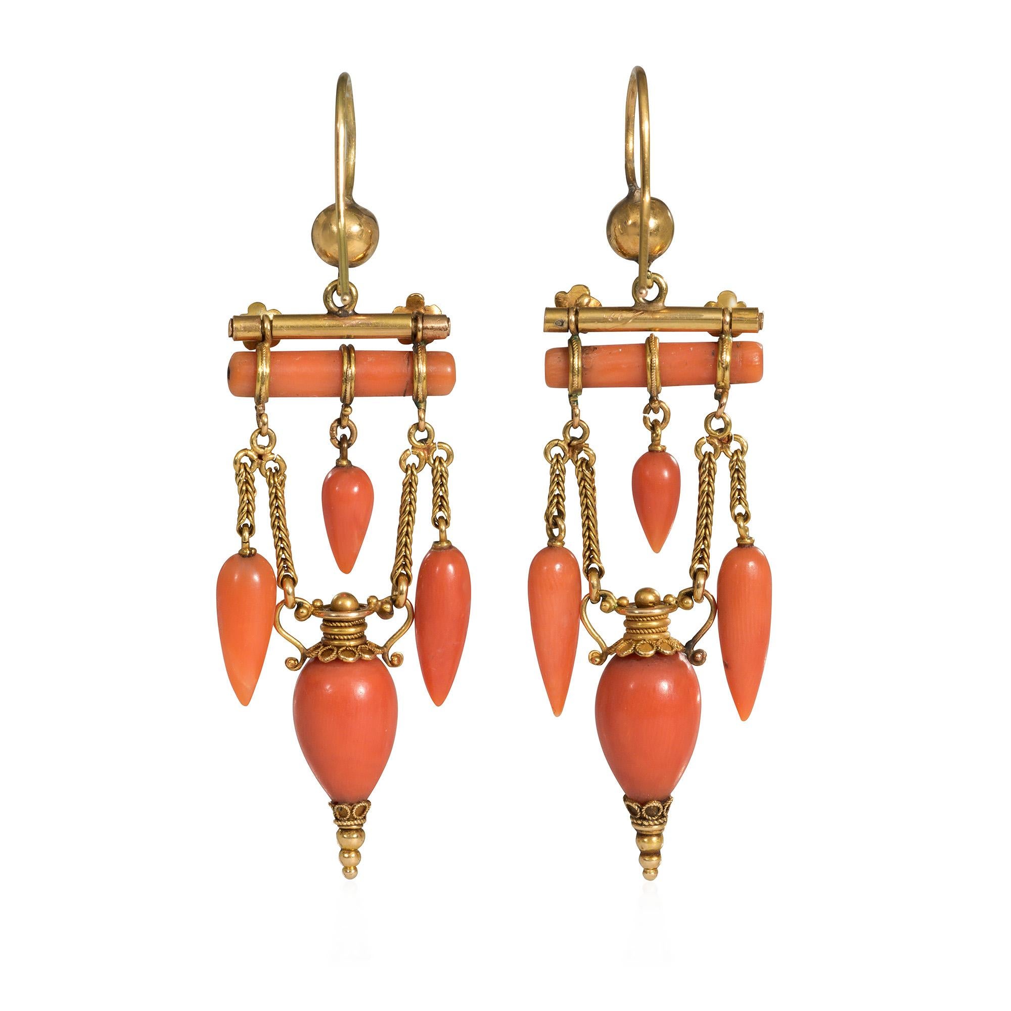 Victorian Antique Etruscan Revival Gold and Coral Drop Earrings For Sale