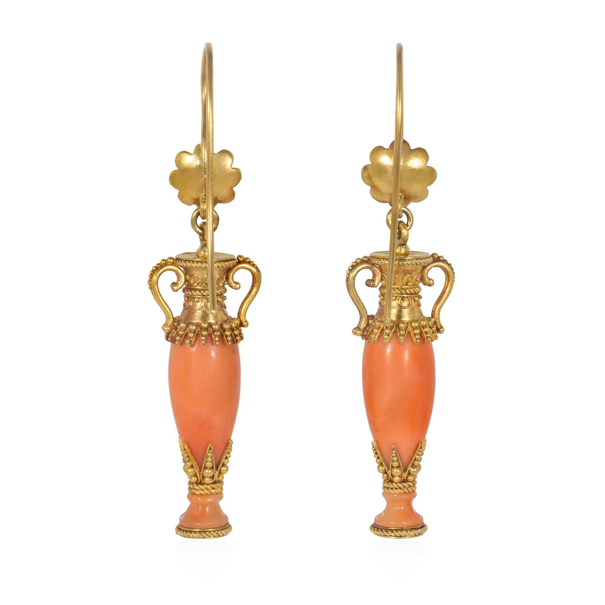 Victorian Antique Etruscan Revival Gold and Coral Earrings with Urn-Shaped Pendants For Sale