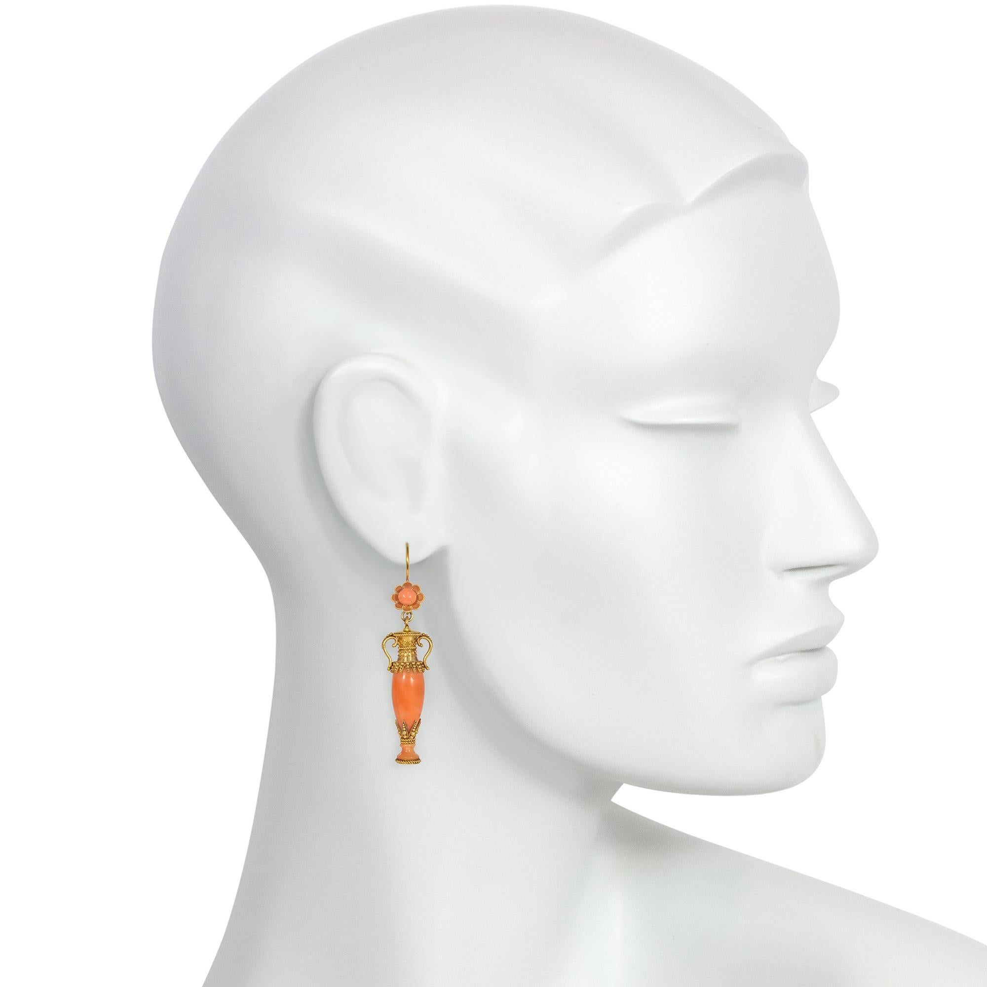 Bead Antique Etruscan Revival Gold and Coral Earrings with Urn-Shaped Pendants For Sale