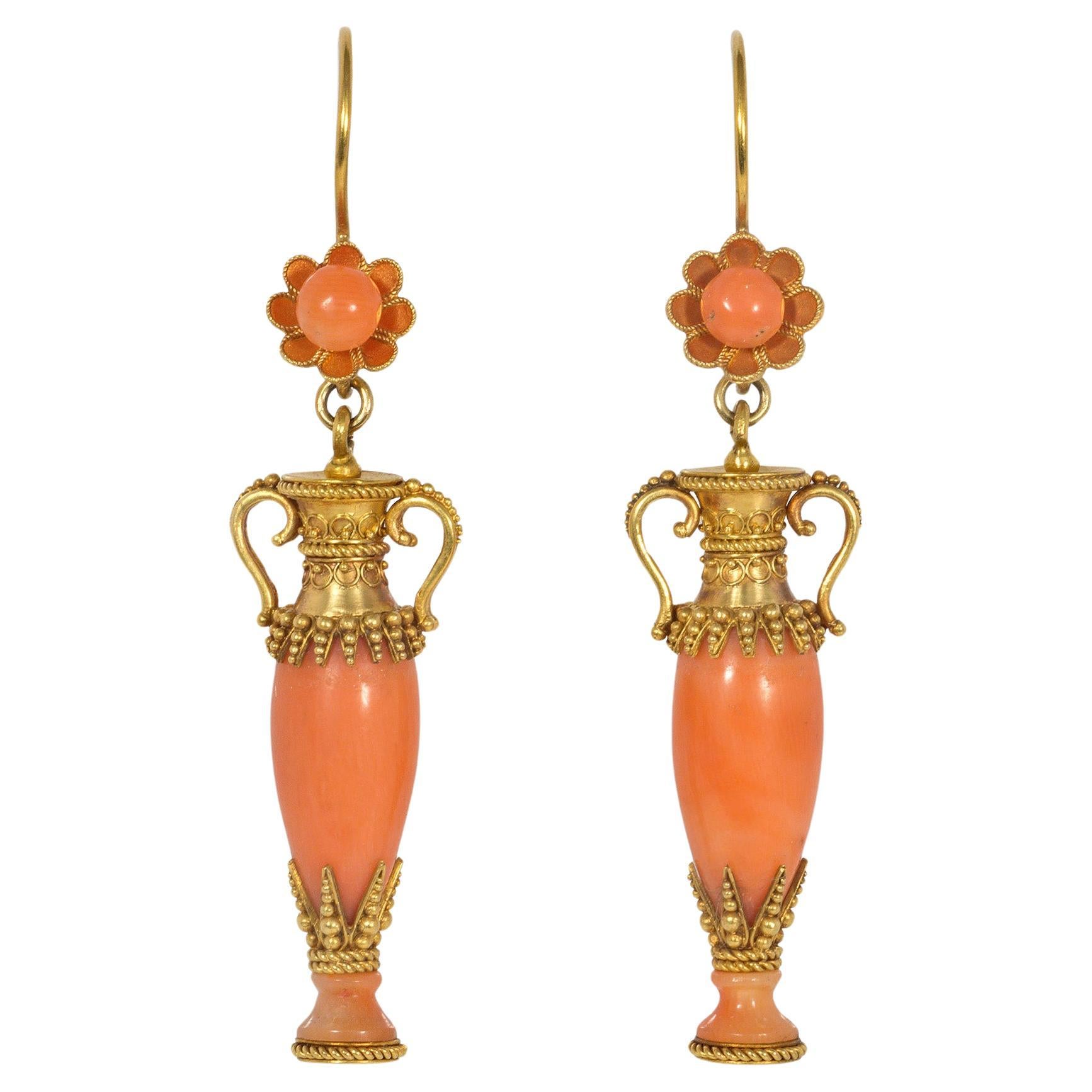 Antique Etruscan Revival Gold and Coral Earrings with Urn-Shaped Pendants For Sale