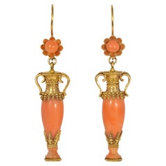 Antique Etruscan Revival Gold and Coral Earrings with Urn-Shaped Pendants