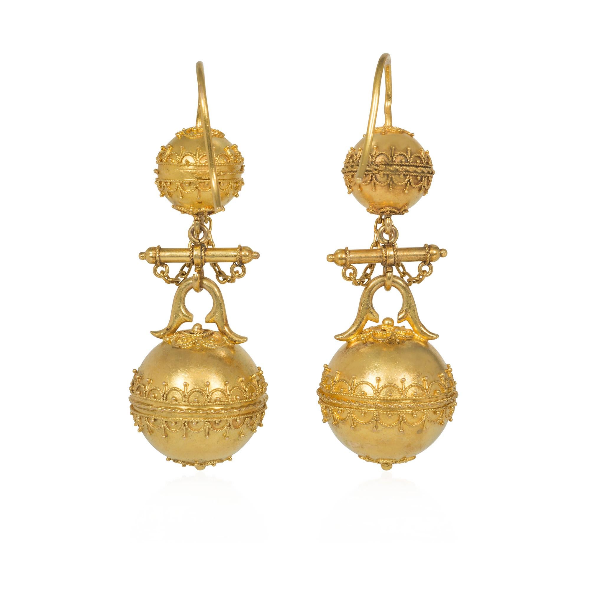 Victorian Antique Etruscan Revival Gold Bead and Wirework Pendant Earrings For Sale