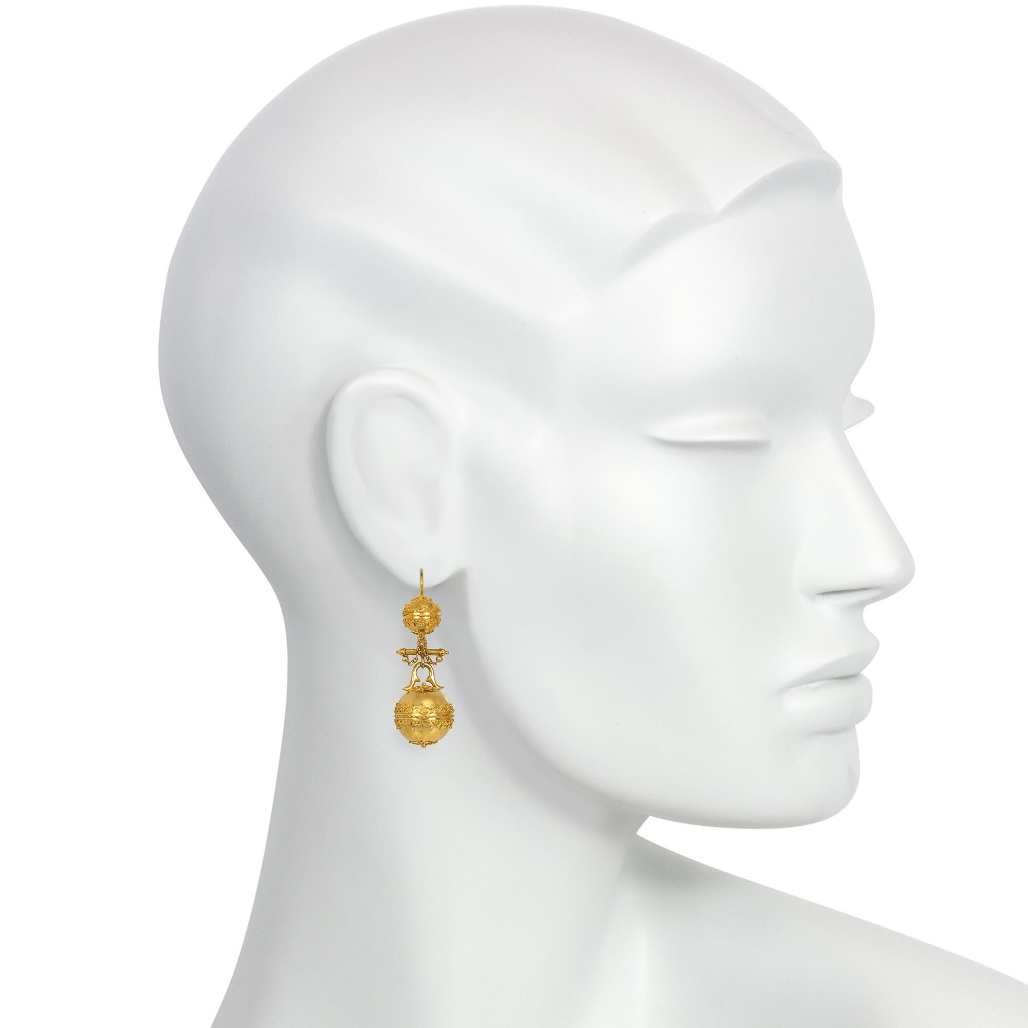 Antique Etruscan Revival Gold Bead and Wirework Pendant Earrings In Good Condition For Sale In New York, NY