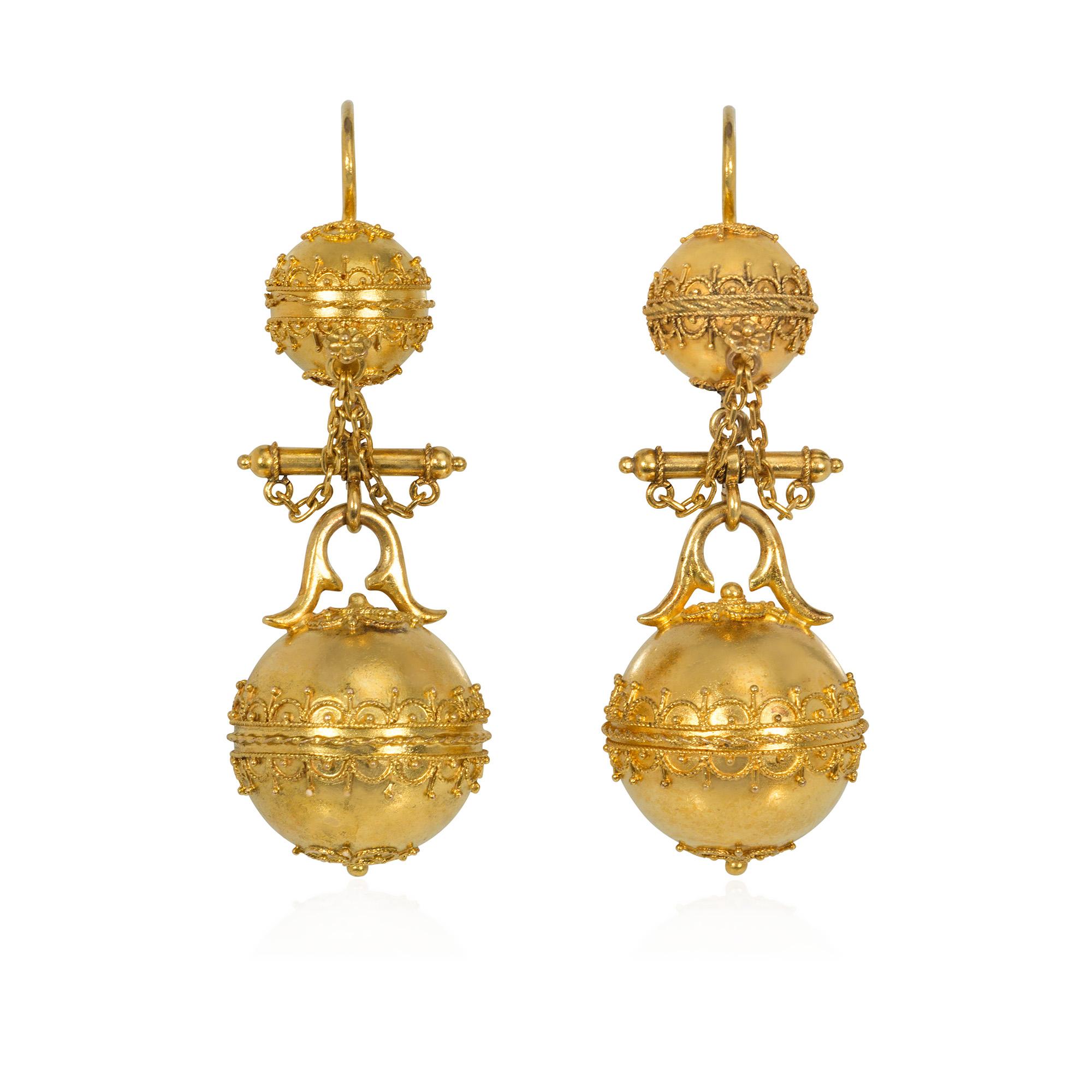Antique Etruscan Revival Gold Bead and Wirework Pendant Earrings For Sale