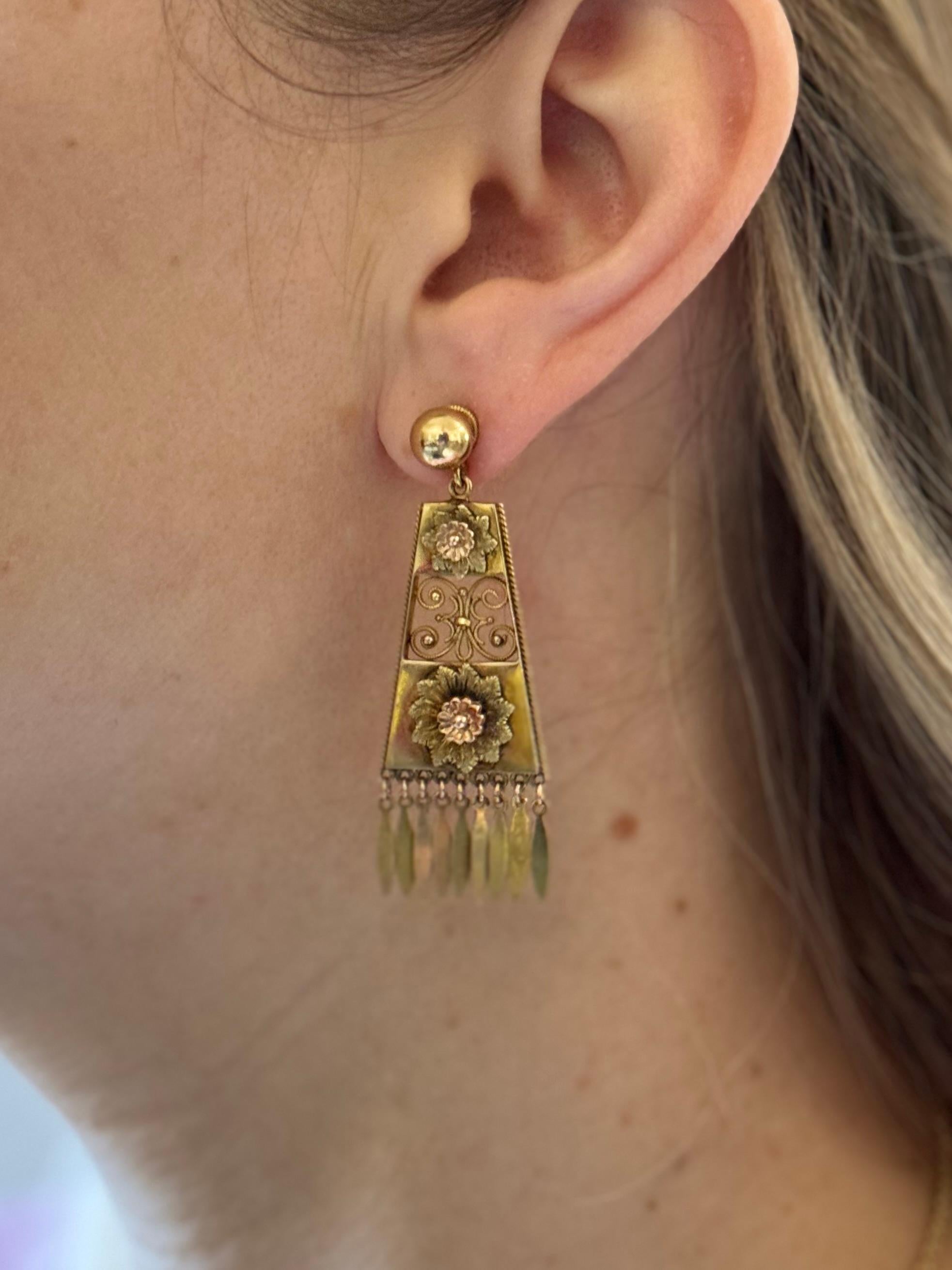 Pair of 14k rose and yellow gold Antique Etruscan Revival earrings. Measuring 55mm x 20mm. Weight of the pair - 15 grams. 