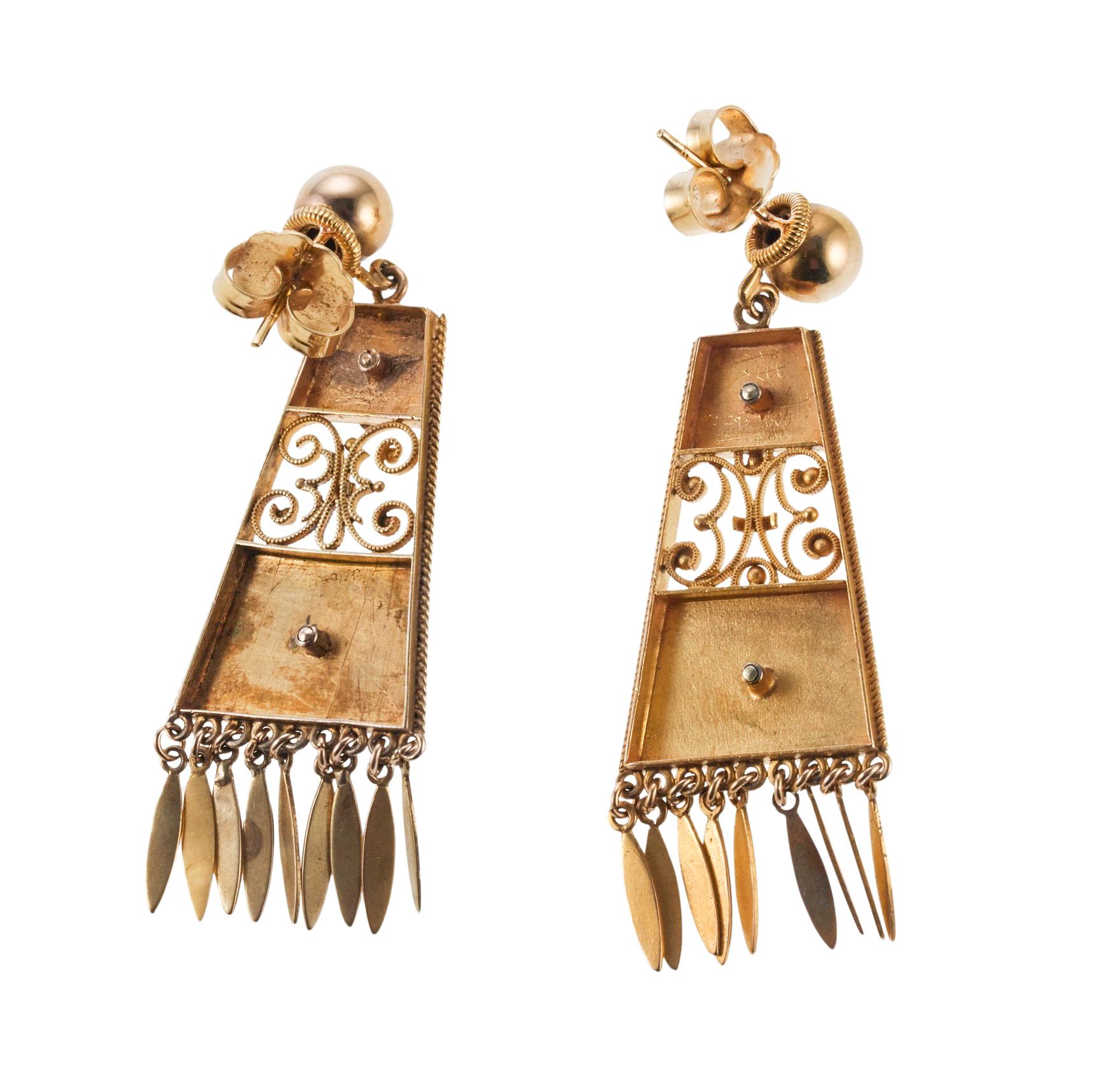 Women's Antique Etruscan Revival Gold Fringe Drop Earrings For Sale