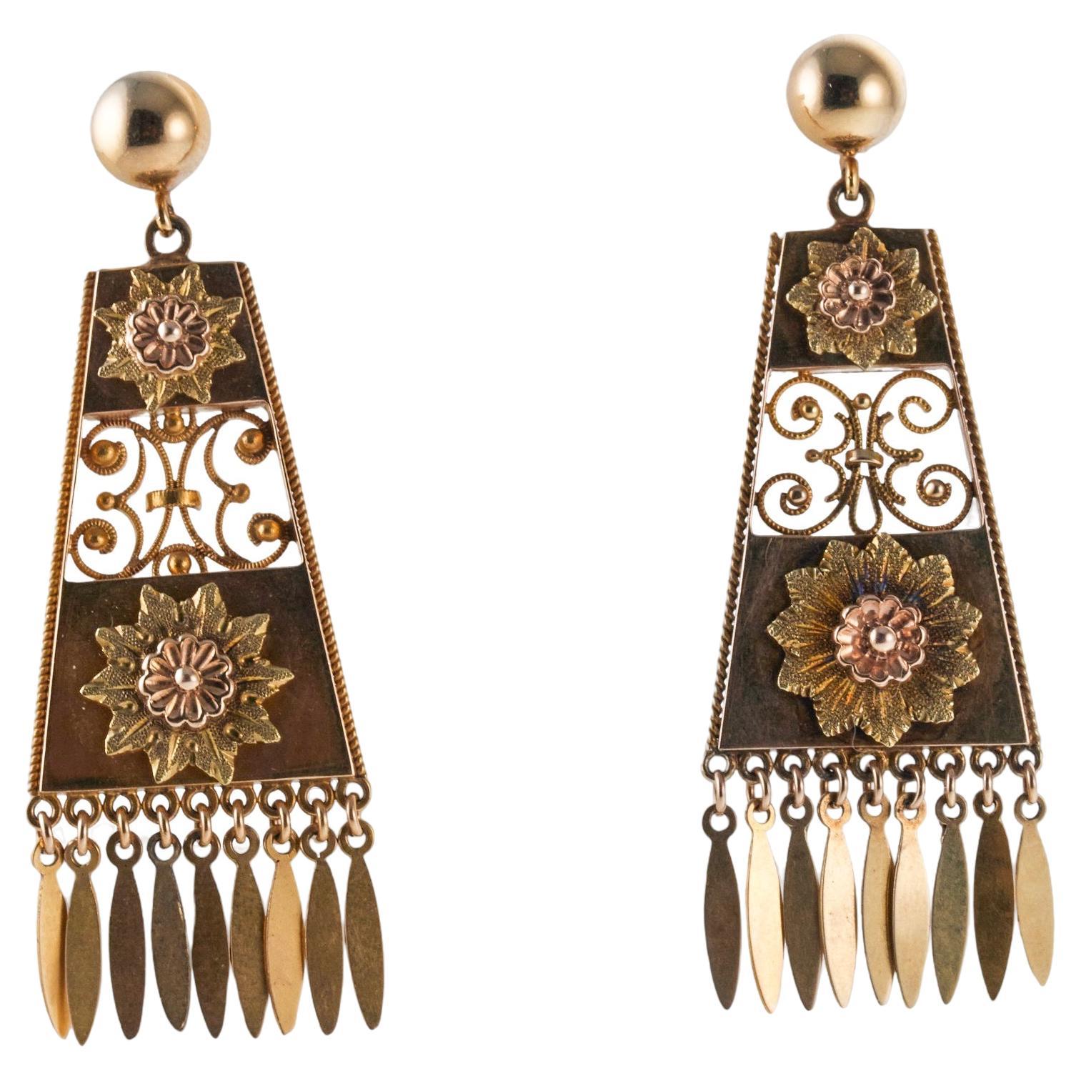 Antique Etruscan Revival Gold Fringe Drop Earrings