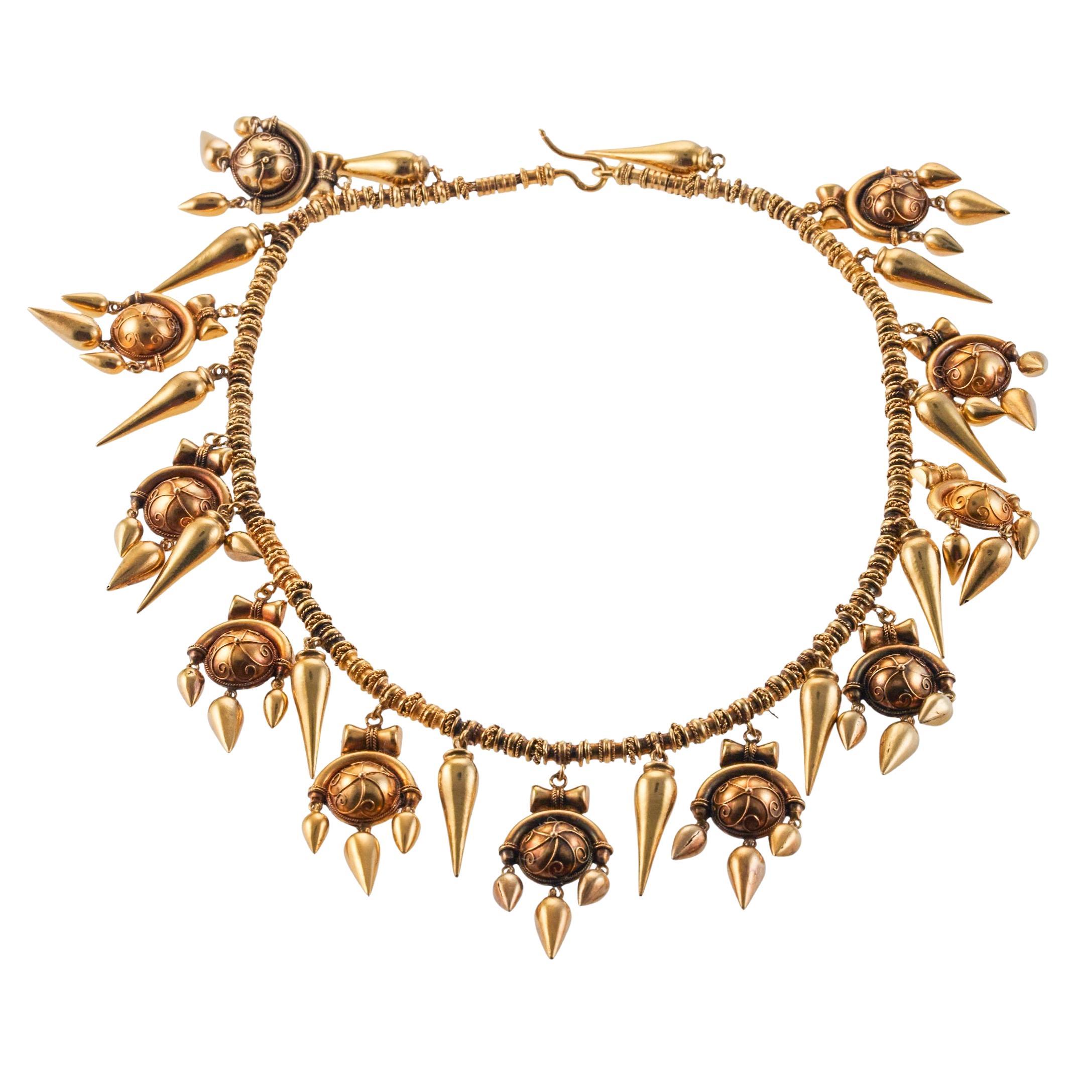 Antique Etruscan Revival Gold Fringe Necklace For Sale