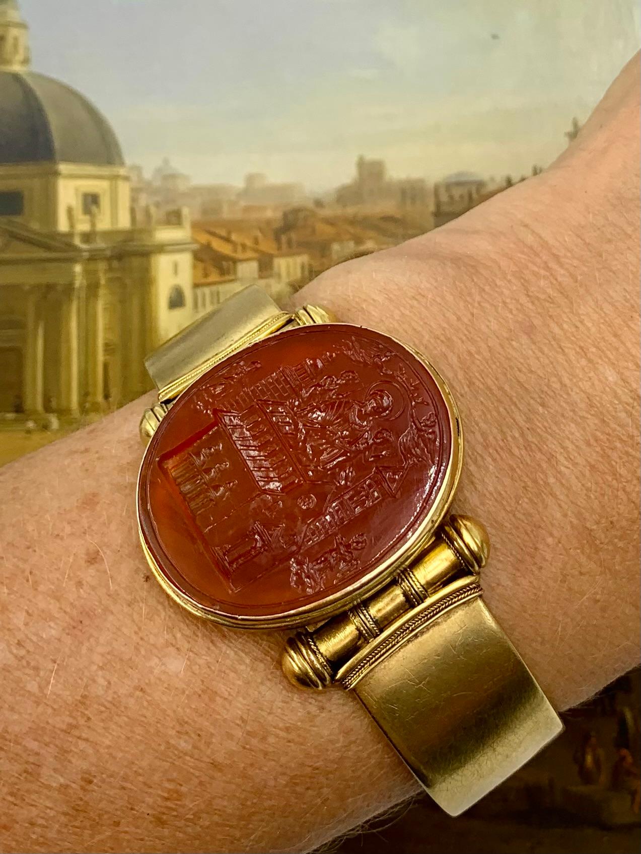 Antique Etruscan Revival Grand Tour Intaglio 15K Yellow Gold Locket Bracelet For Sale 16