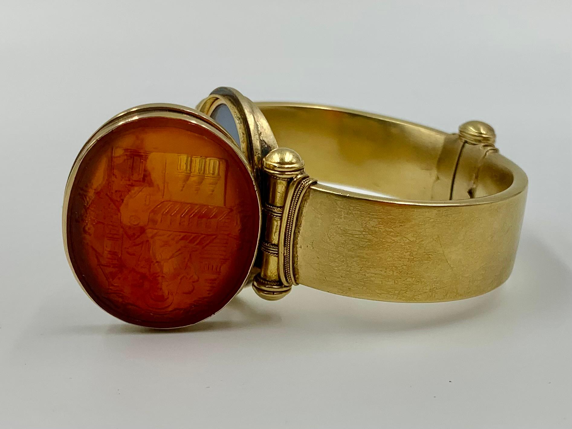 Antique Etruscan Revival Grand Tour Intaglio 15K Yellow Gold Locket Bracelet For Sale 2