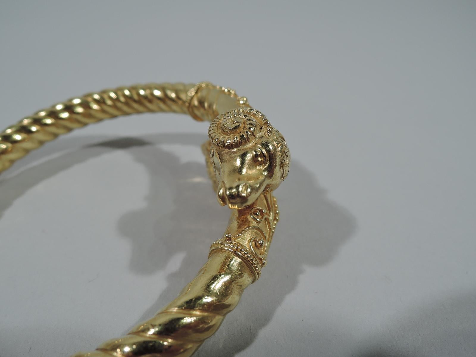 Antique Etruscan Revival Italian 18 Karat Gold Ram's Head Bangle Bracelet In Excellent Condition In New York, NY