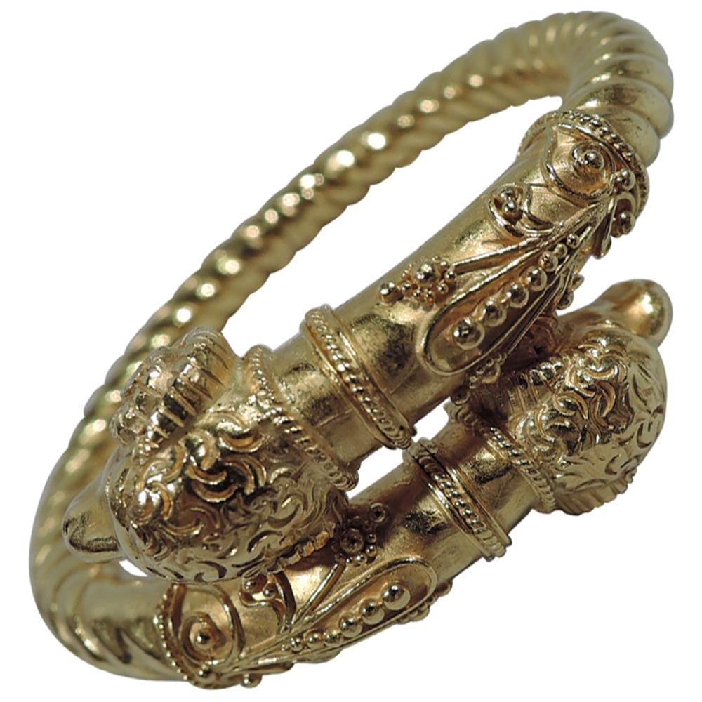 Antique Etruscan Revival Italian 18 Karat Gold Ram's Head Bangle Bracelet