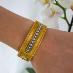 Antique Etruscan Revival Pearl and Gold Bangle, Circa 1875