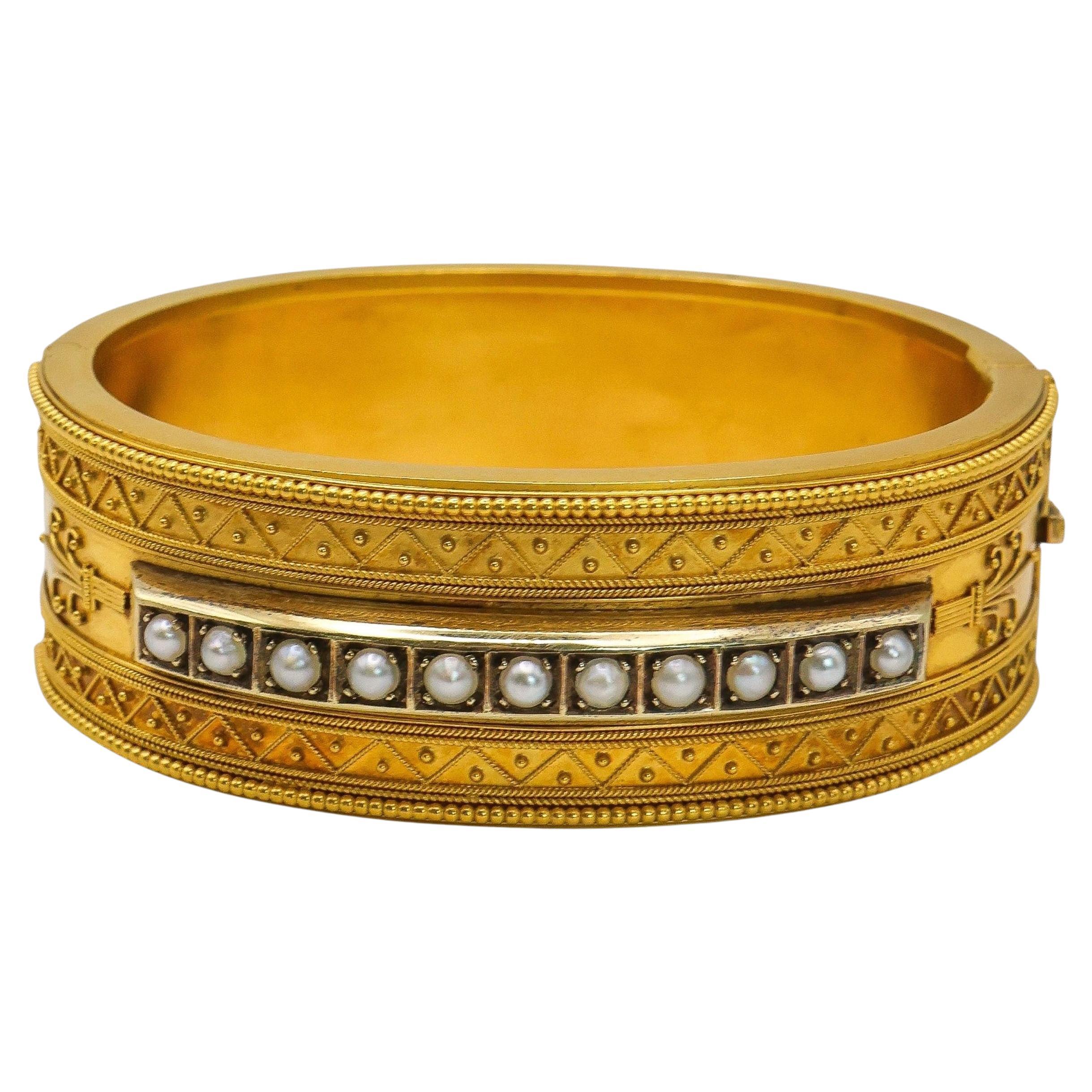 Antique Etruscan Revival Pearl and Gold Bangle, Circa 1875