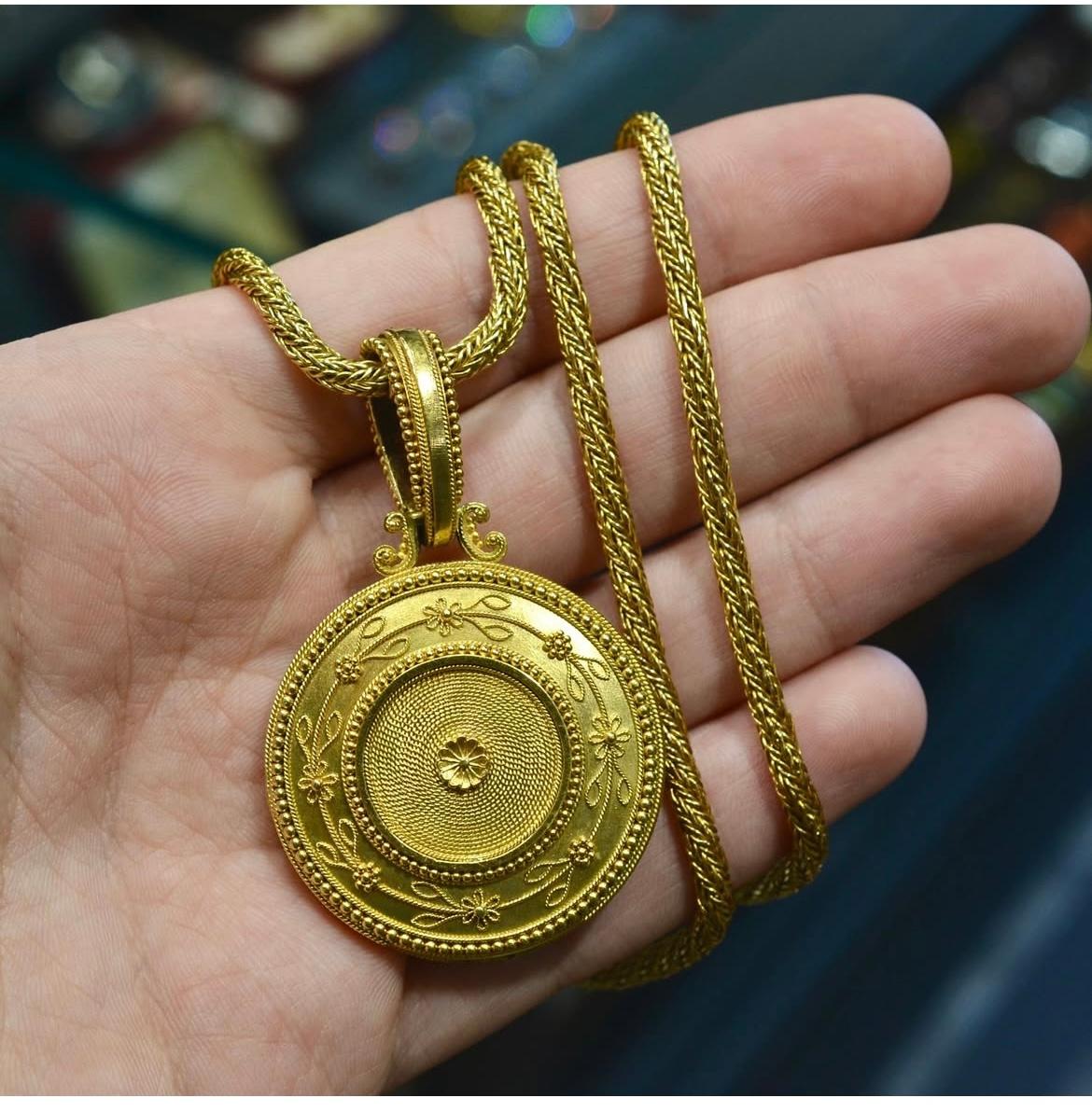 Antique Etruscan Revival Sapphire Pearl And Diamond Pendant For Sale 1