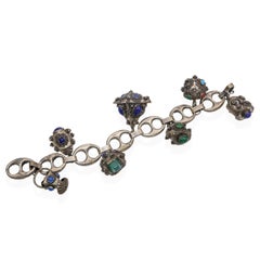Antike Etruscan Revival Silber Multi-Edelstein-Charme-Armband