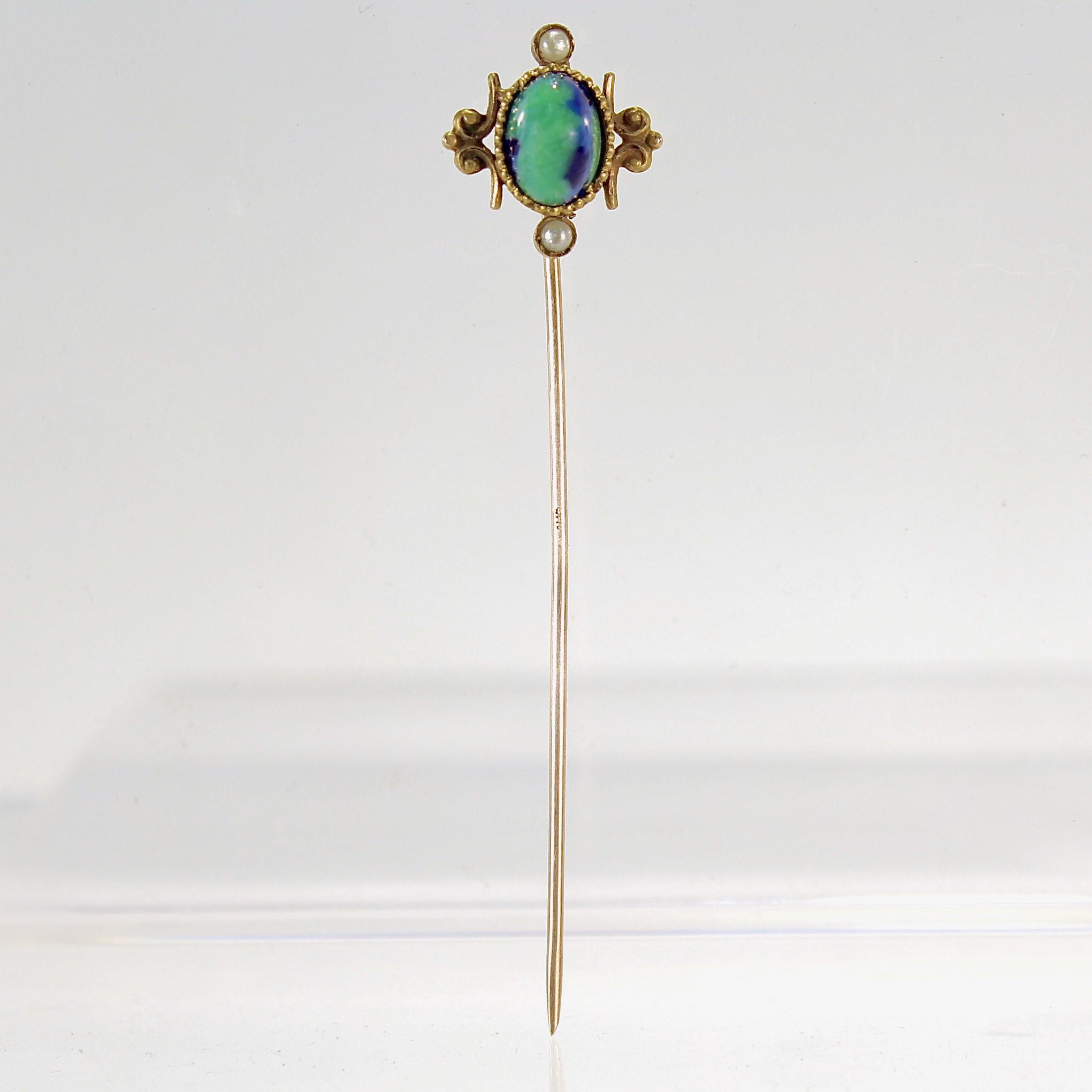 Round Cut Antique Etruscan Revival Style Gold, Agate Glass & Seed Pearl Stick Pin