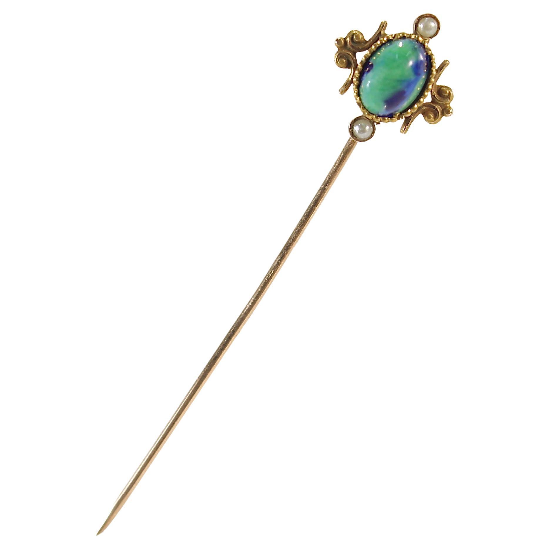 Antique Etruscan Revival Style Gold, Agate Glass & Seed Pearl Stick Pin