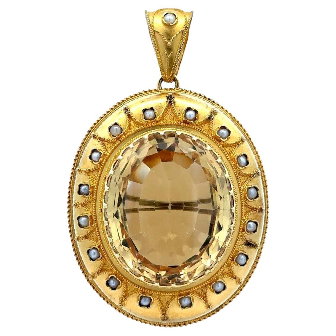Antique Etruscan Revival Yellow Gold Oval Citrine & Pearl Large Brooch Pendant