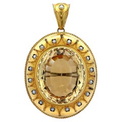 Antique Etruscan Revival Yellow Gold Oval Citrine & Pearl Large Brooch Pendant