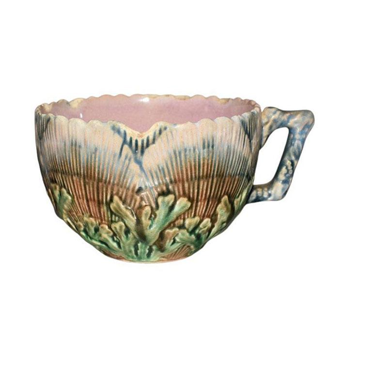 High Victorian Antique Etruscan Seaweed Griffin Smith Hill Majolica Tea Cup and Saucer 19th C For Sale